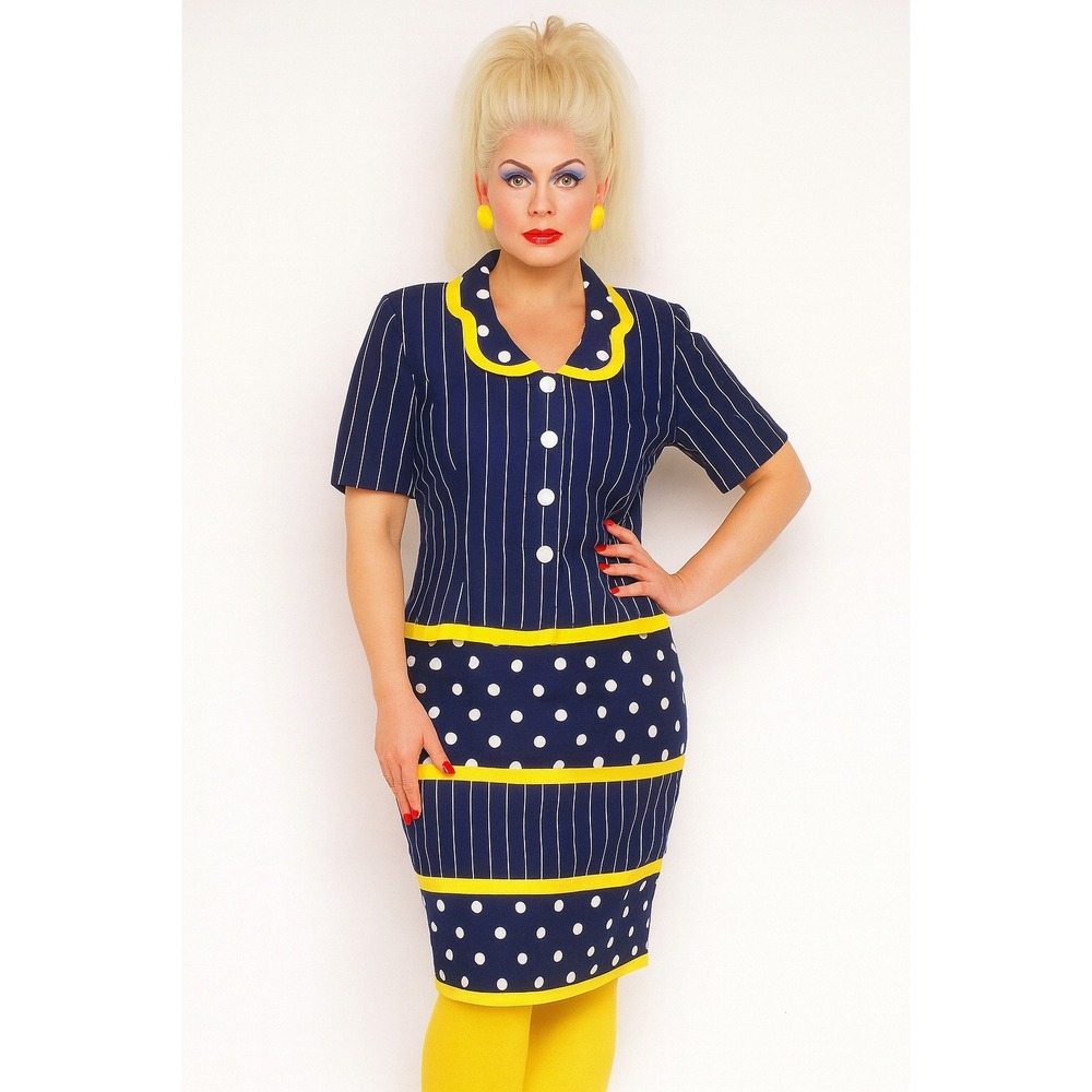 Vintage Leslie Lucks 80s Polka Dot Stripe‎ Skirt Suit Set 12P Navy Yellow USA